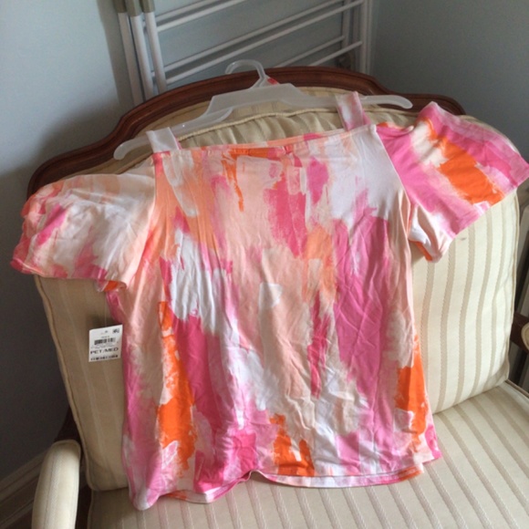 JM Collection Pink Gem Combo Cold Shoulder Tee in Medium Petite - Picture 4 of 4